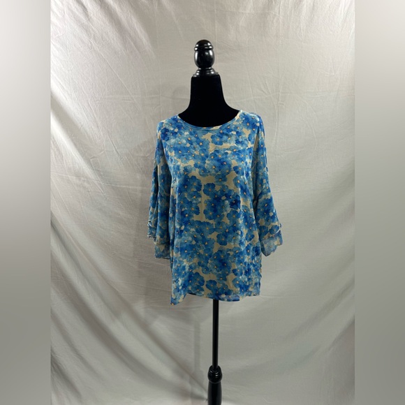 Floral Print Round Neck Flare Sleeve Blouse Blue - Picture 5 of 8